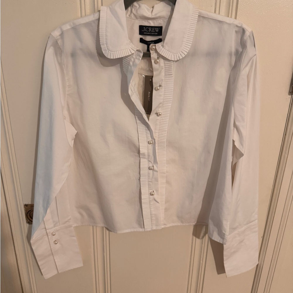 J. Crew White Pearl-Button Ruffle Collar Blouse